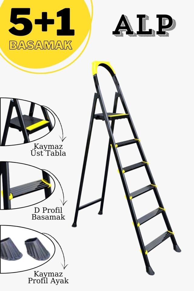 Karen Alp Siyah 5+1 Metal Basamaklı Katlanabilir Merdiven