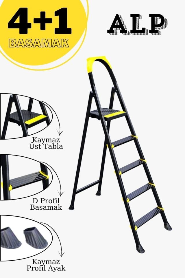 Karen Alp Siyah 4+1  Metal Basamaklı Katlanabilir Merdiven