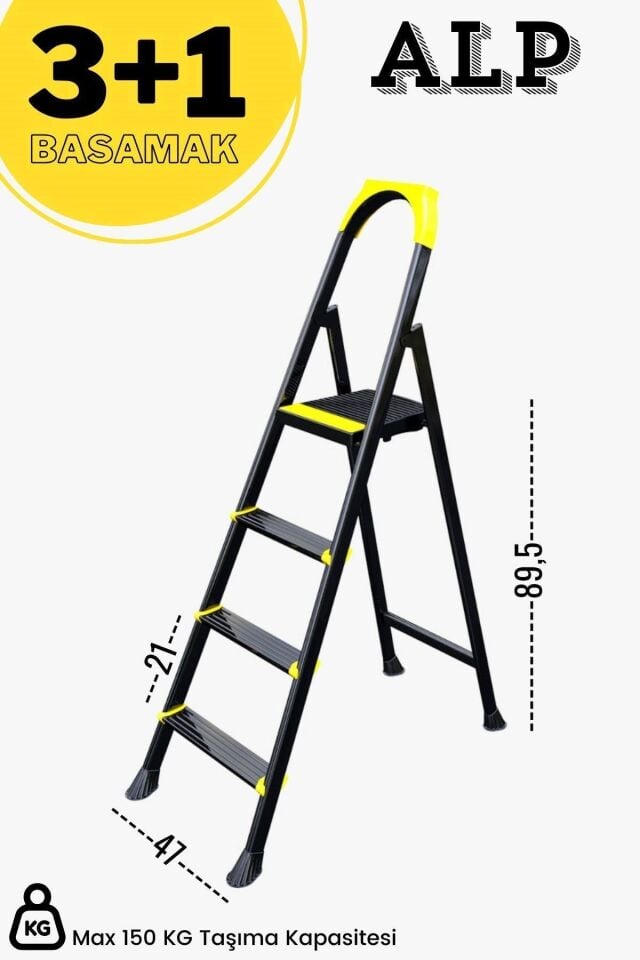 Alp Siyah 3+1 Metal Basamaklı Katlanabilir Merdiven
