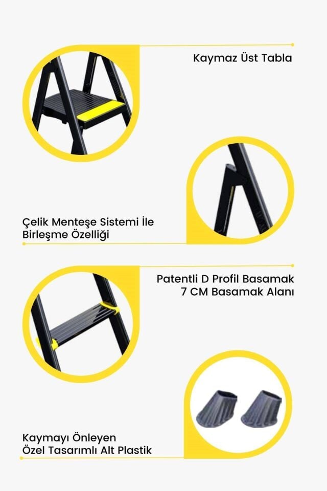 Karen Alp Siyah 2+1 Metal Basamaklı Katlanabilir Merdiven