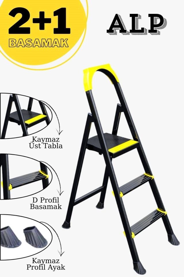 Karen Alp Siyah 2+1 Metal Basamaklı Katlanabilir Merdiven