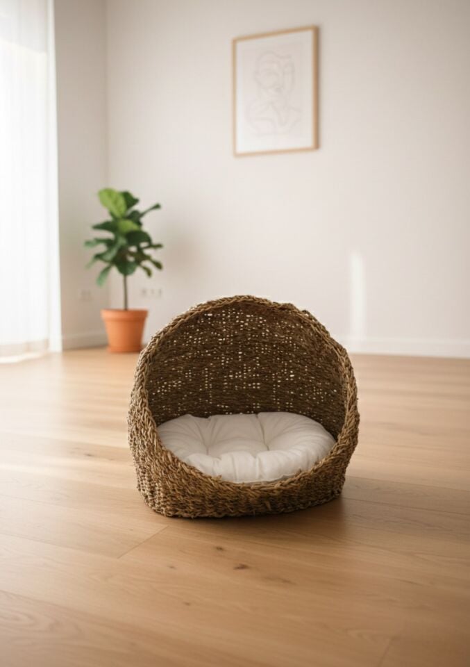 Oval Gölgelikli Hasır Kedi ve Köpek Yatağı, Kedi Evi Örme Sepet Minder dahil