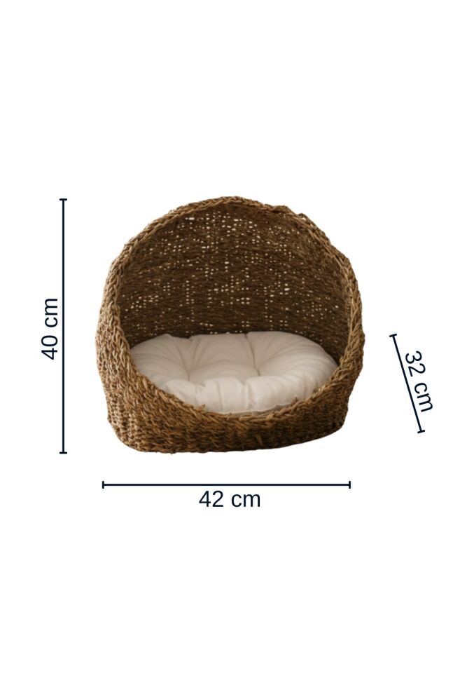 Oval Gölgelikli Hasır Kedi ve Köpek Yatağı, Kedi Evi Örme Sepet Minder dahil