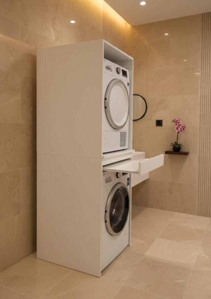 Altay Çamaşır Makinası Ve Kurutma Makinesi Dolabı Çekmeceli Banyo Dolabı Beyaz