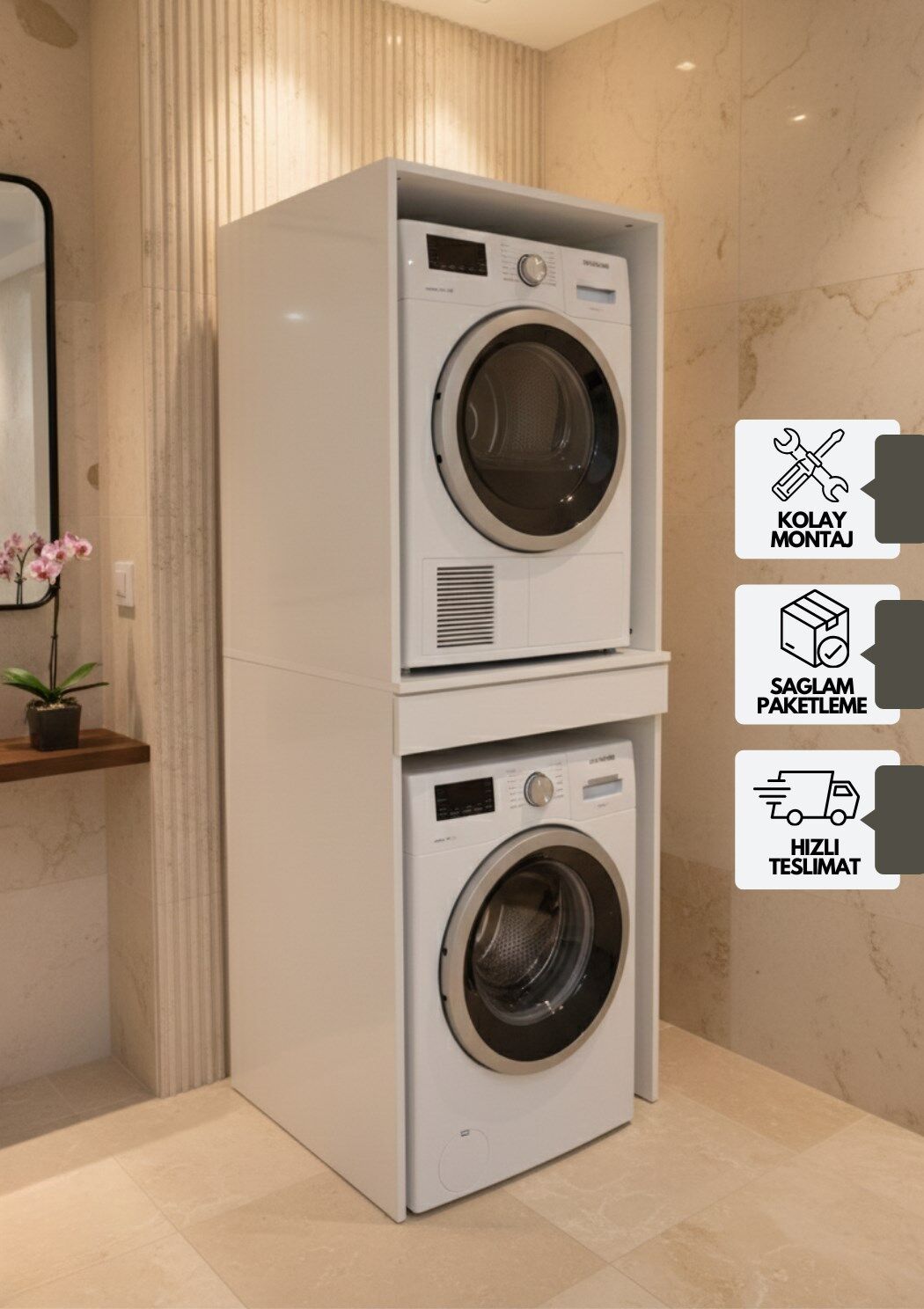 Altay Çamaşır Makinası Ve Kurutma Makinesi Dolabı Çekmeceli Banyo Dolabı Beyaz