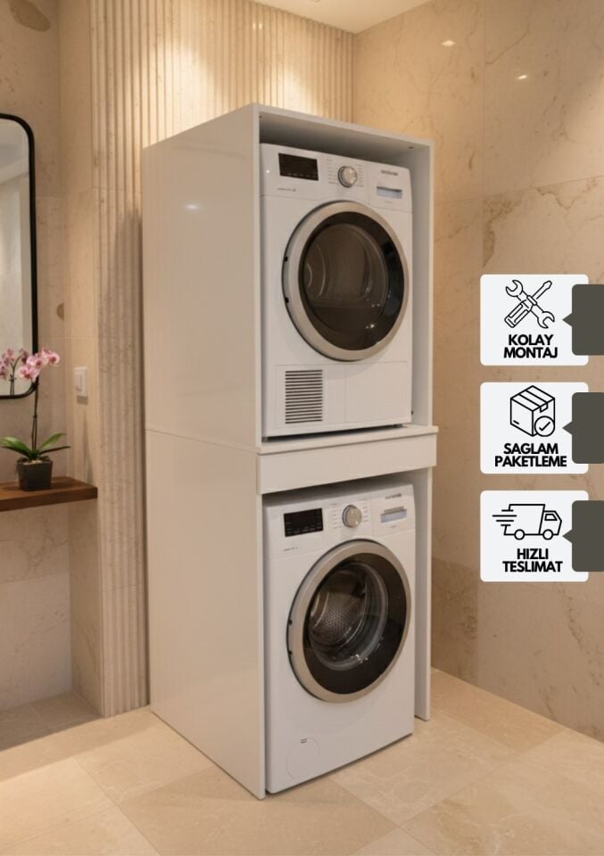 Altay Çamaşır Makinası Ve Kurutma Makinesi Dolabı Çekmeceli Banyo Dolabı Beyaz