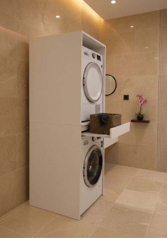 Altay Çamaşır Makinası Ve Kurutma Makinesi Dolabı Çekmeceli Banyo Dolabı Beyaz