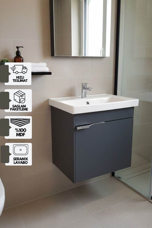 Kasırga 50 cm Cm, Lavabolu Alt Banyo Dolabı, Kapaklı Banyo Alt Dolabı, Seramik Lavabo Dahil Mdf