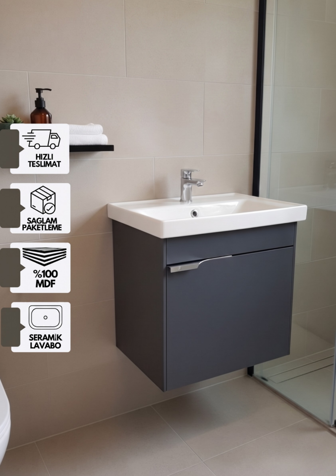 Kasırga 50 cm Cm, Lavabolu Alt Banyo Dolabı, Kapaklı Banyo Alt Dolabı, Seramik Lavabo Dahil Mdf