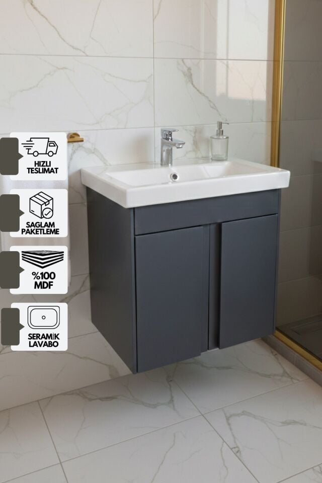 Magma 50 Cm, Lavabolu Alt Banyo Dolabı, Kapaklı Banyo Alt Dolabı, Seramik Lavabo Dahil Antrasit Mdf