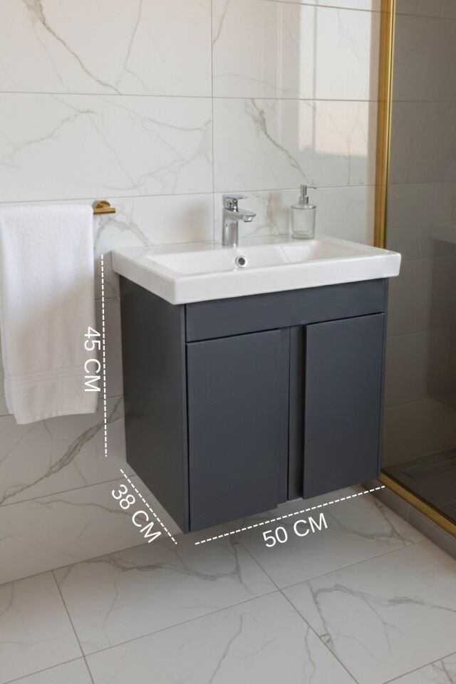 Magma 50 Cm, Lavabolu Alt Banyo Dolabı, Kapaklı Banyo Alt Dolabı, Seramik Lavabo Dahil Antrasit Mdf