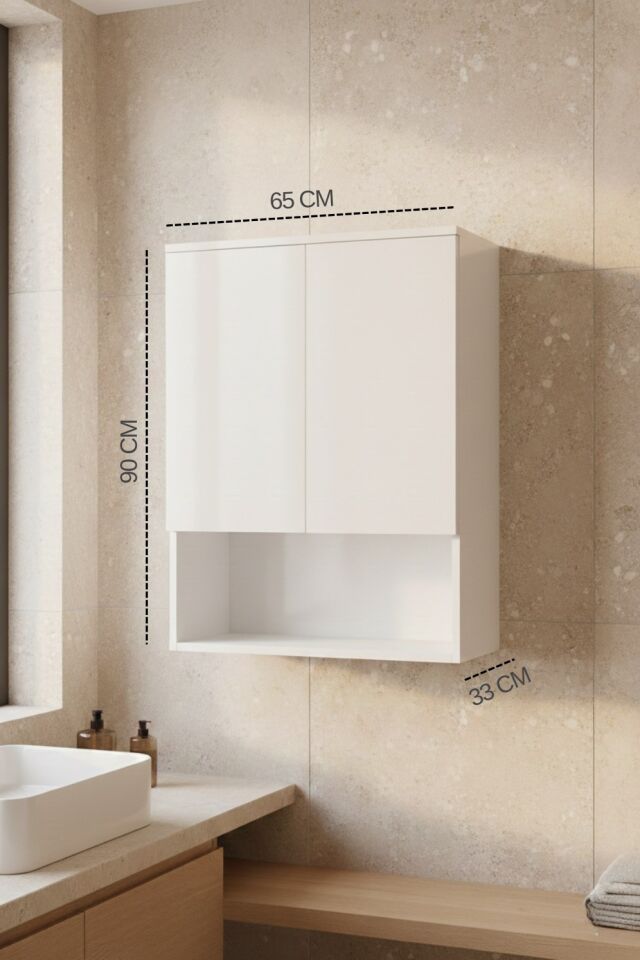 Tuna Çamaşır Makinesi Üst Dolabı, Çok amaçlı dolap, Kapaklı Banyo Dolabı Beyaz