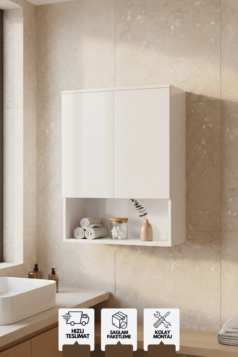 Tuna Çamaşır Makinesi Üst Dolabı, Çok amaçlı dolap, Kapaklı Banyo Dolabı Beyaz