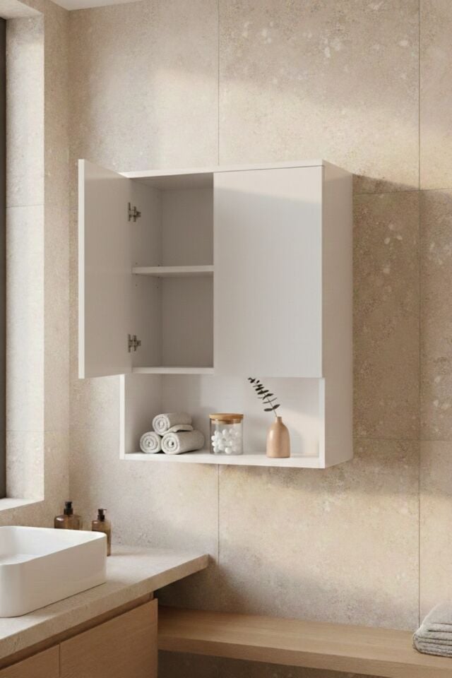 Tuna Çamaşır Makinesi Üst Dolabı, Çok amaçlı dolap, Kapaklı Banyo Dolabı Beyaz