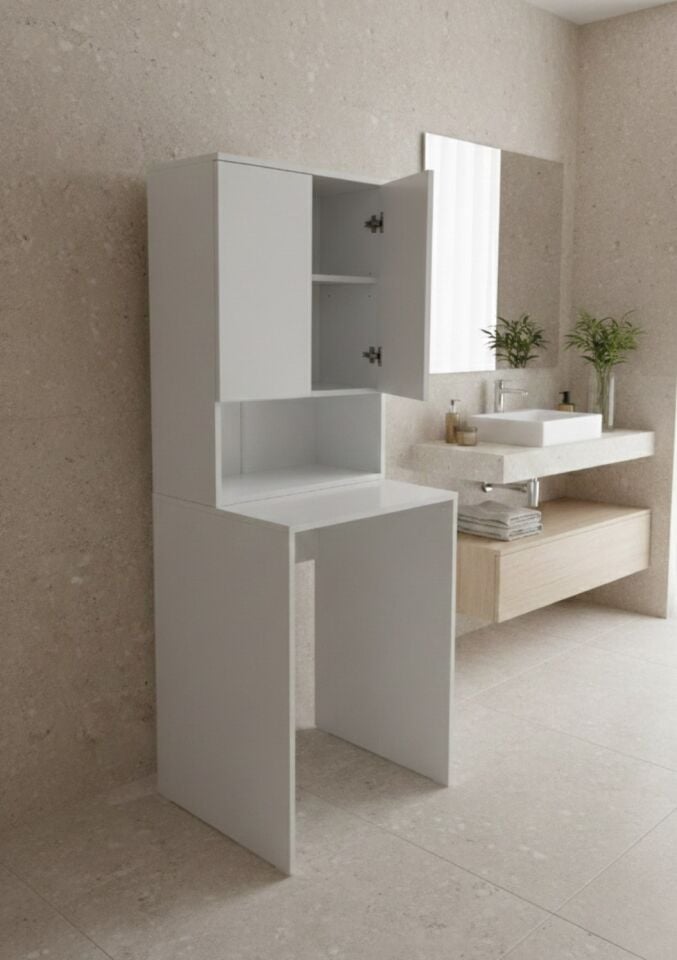 Tuna Çamaşır Makinesi Dolabı, Alt Üst Set, Kapaklı, Banyo Dolabı Beyaz