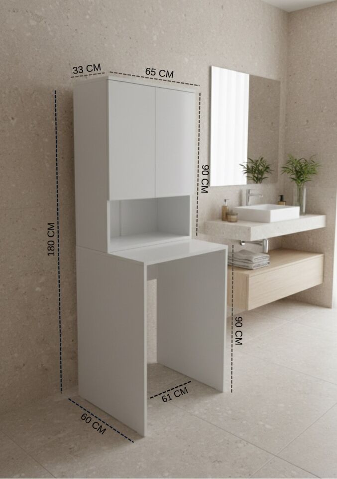 Tuna Çamaşır Makinesi Dolabı, Alt Üst Set, Kapaklı, Banyo Dolabı Beyaz