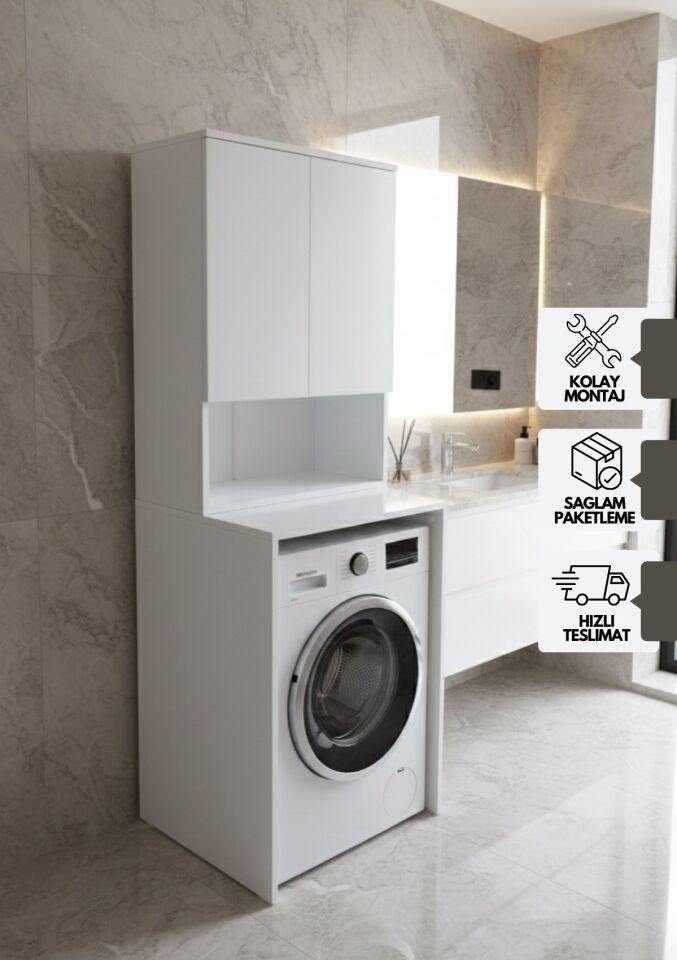 Tuna Çamaşır Makinesi Dolabı, Alt Üst Set, Kapaklı, Banyo Dolabı Beyaz