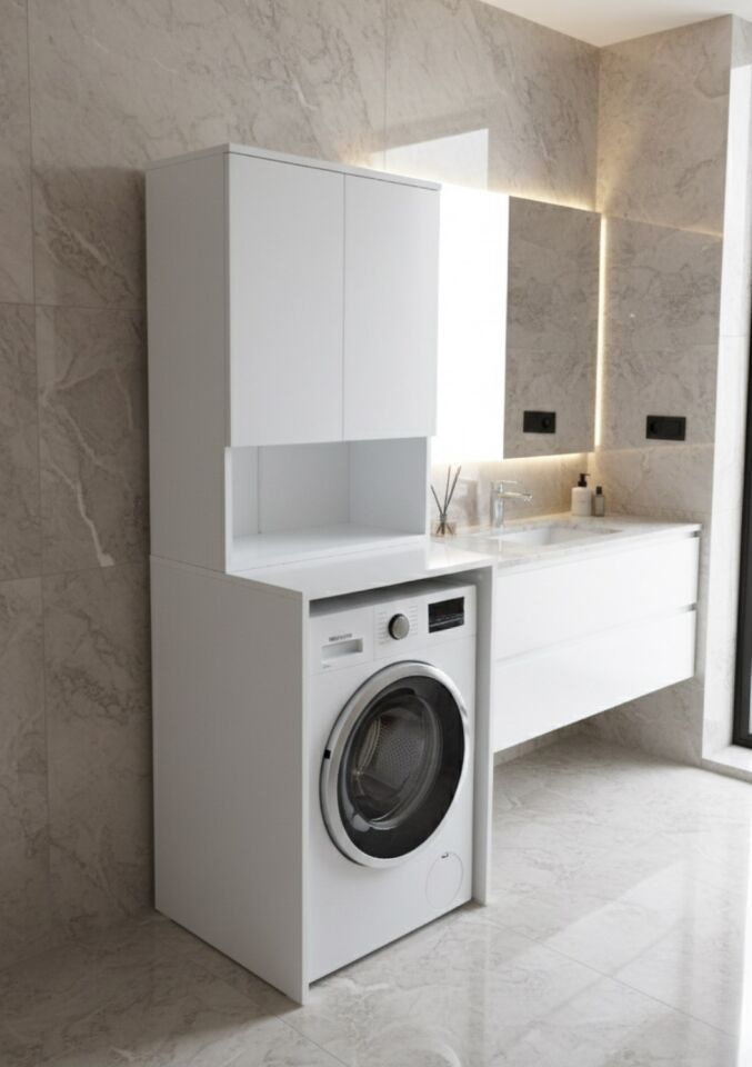 Tuna Çamaşır Makinesi Dolabı, Alt Üst Set, Kapaklı, Banyo Dolabı Beyaz