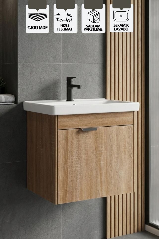 Kasırga Sonomo 50 cm, Lavabolu Alt Banyo Dolabı, Banyo Dolabı, Seramik Lavabo Dahil Sonomo Mdf