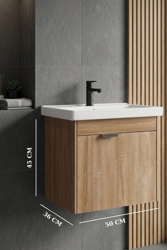 Kasırga Sonomo 50 cm, Lavabolu Alt Banyo Dolabı, Banyo Dolabı, Seramik Lavabo Dahil Sonomo Mdf