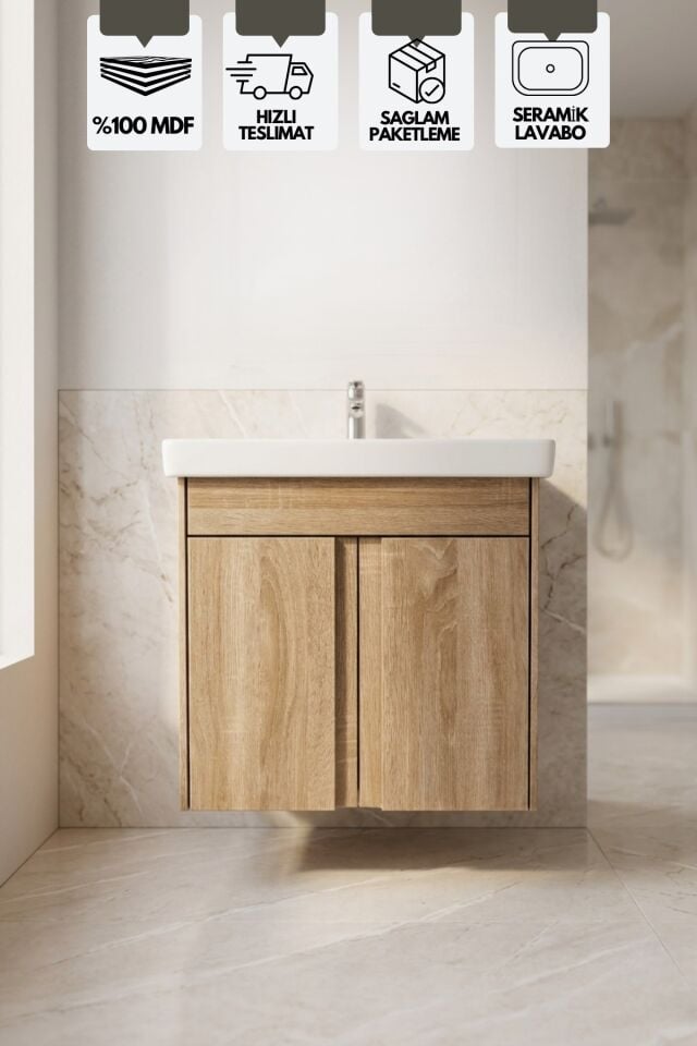 Magma Sonomo 50 Cm, Lavabolu Alt Banyo Dolabı, Kapaklı Banyo Dolabı, Seramik Lavabo Dahil Sonomo Mdf