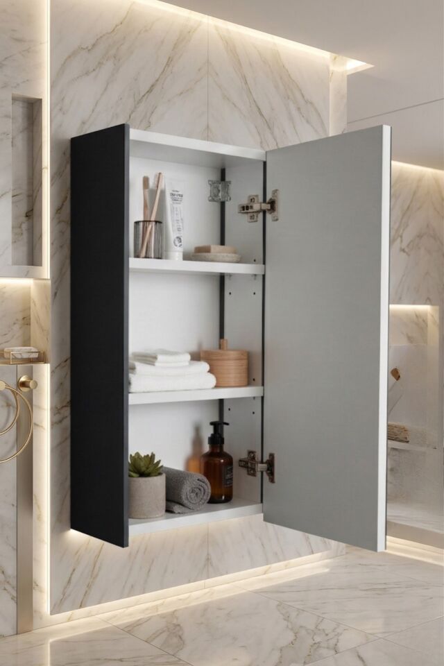 Volkan 50 Cm Lavabolu, Aynalı, Banyo Dolabı, Antrasit - Sonomo Lavabo Dahil, MDF