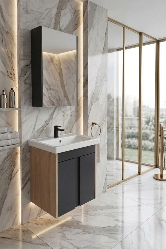 Volkan 50 Cm Lavabolu, Aynalı, Banyo Dolabı, Antrasit - Sonomo Lavabo Dahil, MDF