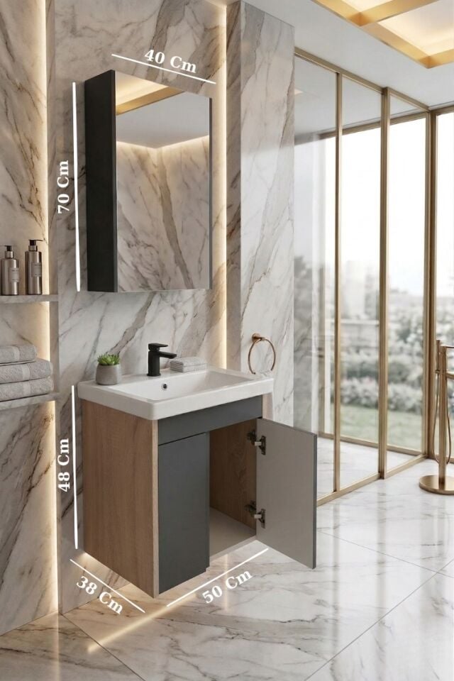 Volkan 50 Cm Lavabolu, Aynalı, Banyo Dolabı, Antrasit - Sonomo Lavabo Dahil, MDF