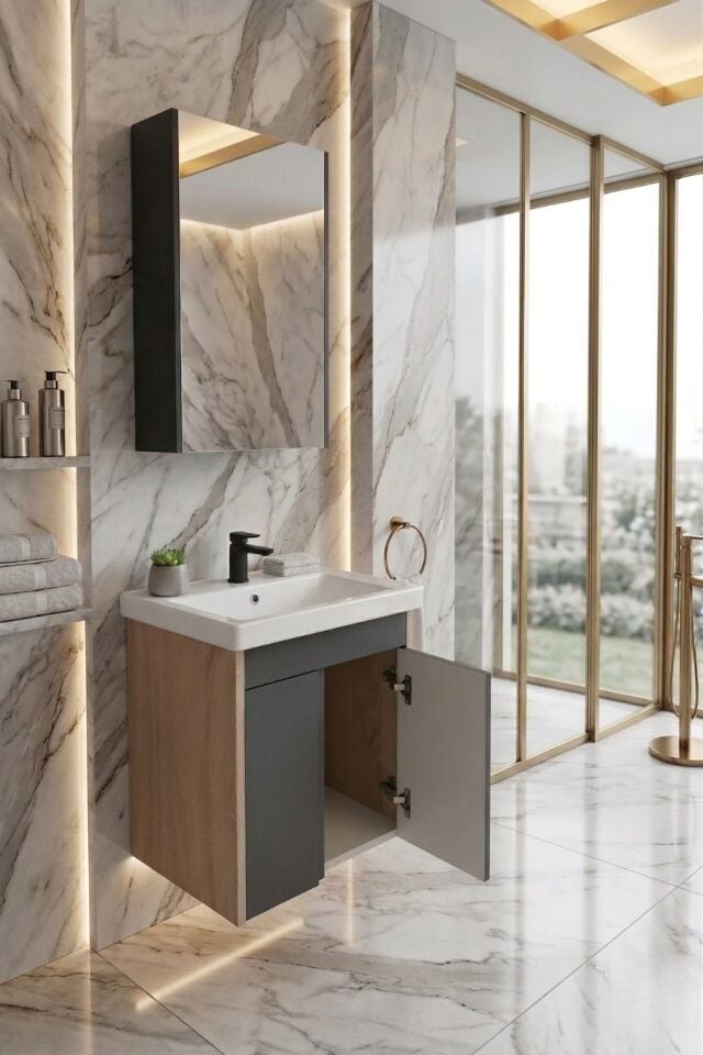 Volkan 50 Cm Lavabolu, Aynalı, Banyo Dolabı, Antrasit - Sonomo Lavabo Dahil, MDF