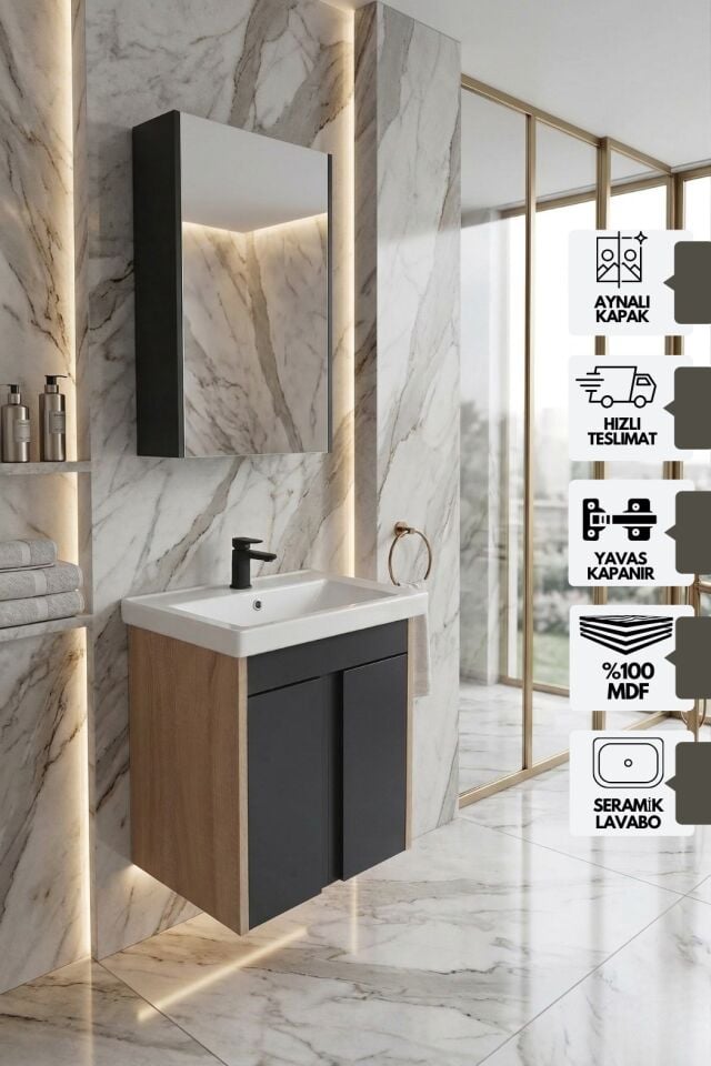 Volkan 50 Cm Lavabolu, Aynalı, Banyo Dolabı, Antrasit - Sonomo Lavabo Dahil, MDF