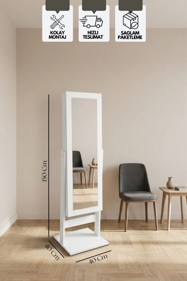 Aynalı Takı Dolabı, Çok Amaçlı Ayaklı Takı Dolabı Beyaz