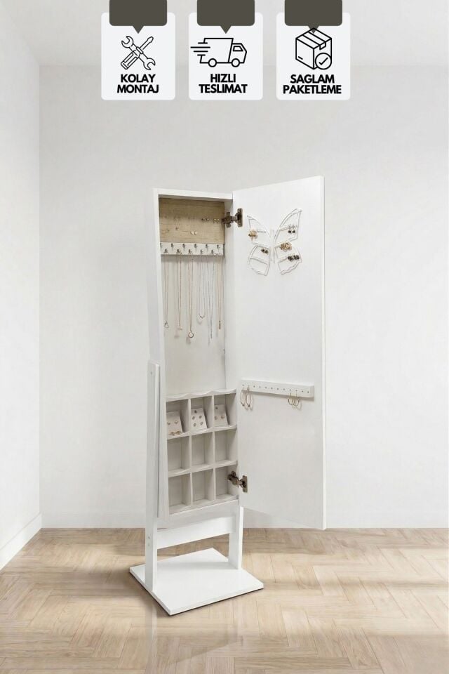 Aynalı Takı Dolabı, Çok Amaçlı Ayaklı Takı Dolabı Beyaz