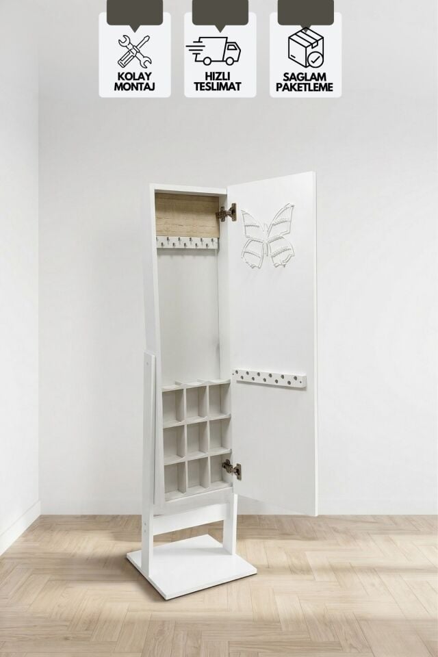 Aynalı Takı Dolabı, Çok Amaçlı Ayaklı Takı Dolabı Beyaz