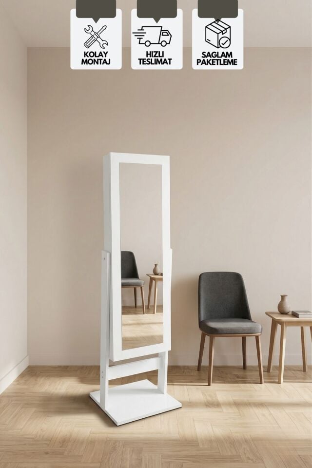 Aynalı Takı Dolabı, Çok Amaçlı Ayaklı Takı Dolabı Beyaz