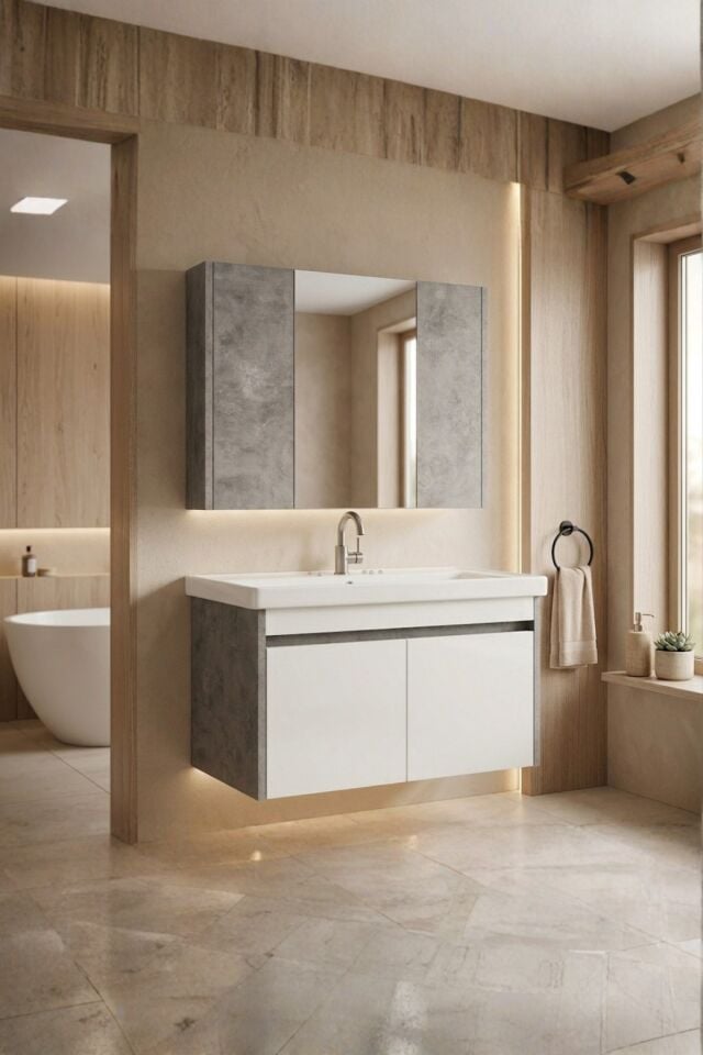 Retro 80 Cm Lavabolu, Aynalı Banyo Dolabı, Retro Gümüş-Beyaz, Seramik Lavabo Dahil