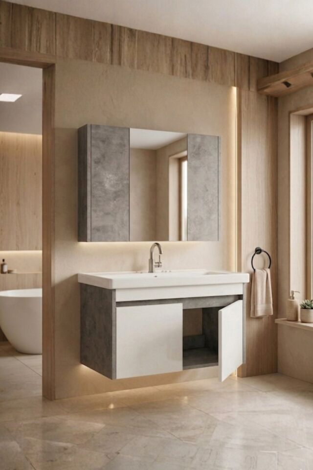 Retro 80 Cm Lavabolu, Aynalı Banyo Dolabı, Retro Gümüş-Beyaz, Seramik Lavabo Dahil