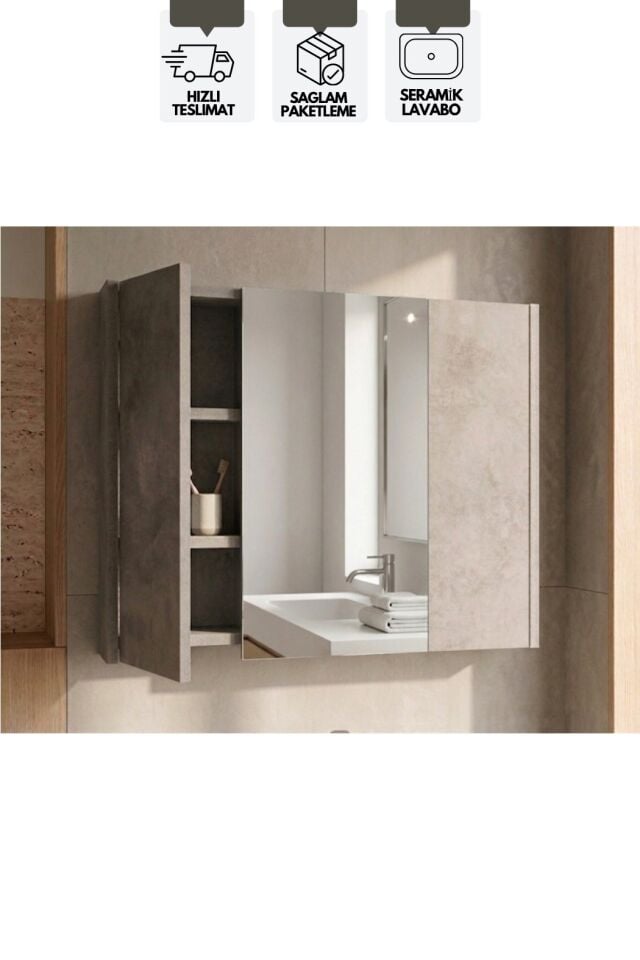 Retro 80 Cm Lavabolu, Aynalı Banyo Dolabı, Retro Gümüş-Beyaz, Seramik Lavabo Dahil