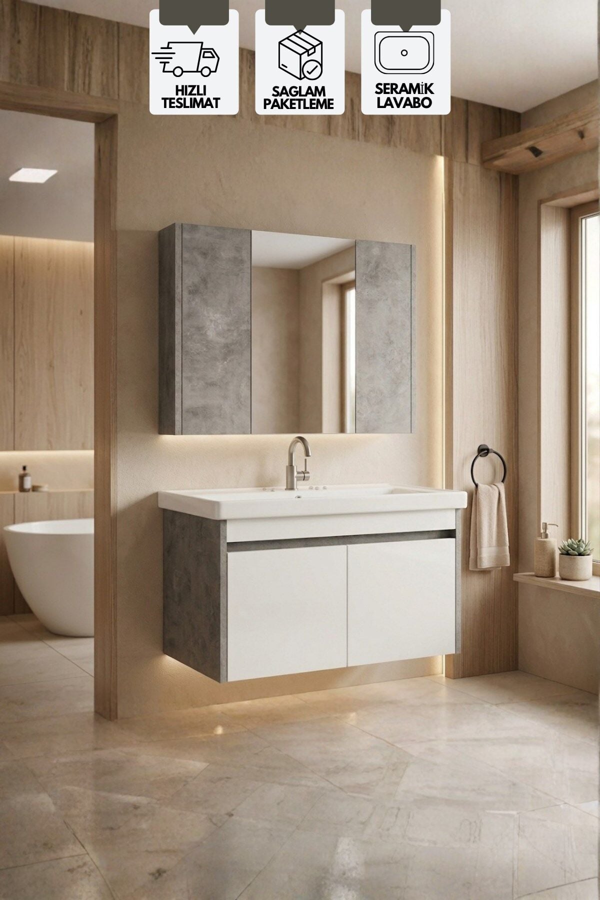 Retro 80 Cm Lavabolu, Aynalı Banyo Dolabı, Retro Gümüş-Beyaz, Seramik Lavabo Dahil