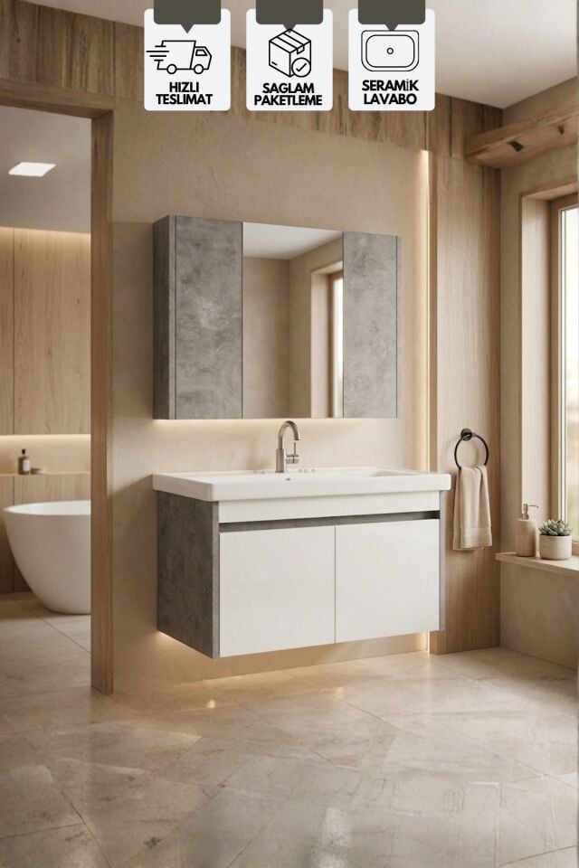 Retro 80 Cm Lavabolu, Aynalı Banyo Dolabı, Retro Gümüş-Beyaz, Seramik Lavabo Dahil