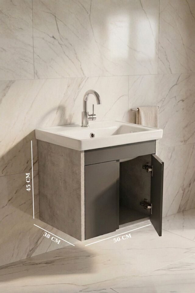 Lavanta 50 cm Lavabolu Alt Banyo Dolabı, Banyo Dolabı, Seramik Lavabo Dahil , Retro Gümüş-Antrasit