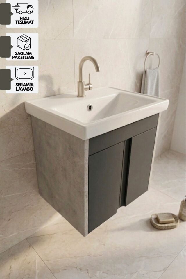 Lavanta 50 cm Lavabolu Alt Banyo Dolabı, Banyo Dolabı, Seramik Lavabo Dahil , Retro Gümüş-Antrasit