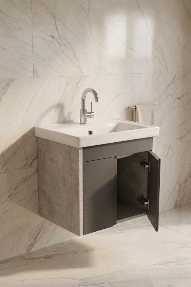 Lavanta 50 cm Lavabolu Alt Banyo Dolabı, Banyo Dolabı, Seramik Lavabo Dahil , Retro Gümüş-Antrasit