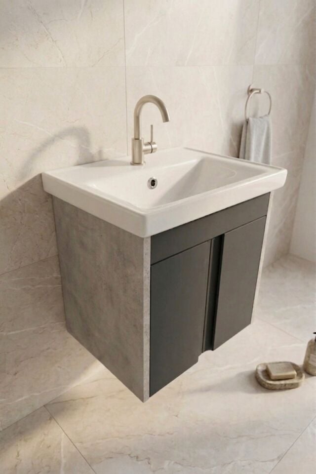 Lavanta 50 cm Lavabolu Alt Banyo Dolabı, Banyo Dolabı, Seramik Lavabo Dahil , Retro Gümüş-Antrasit