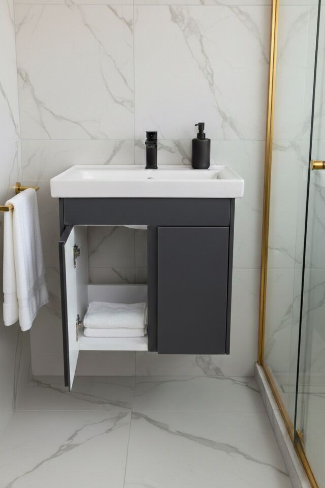 Magma Antrasit 50 Cm, Led Aynalı, Banyo Dolabı Seti, Seramik Lavabo Dahil, Mdf, Led'li