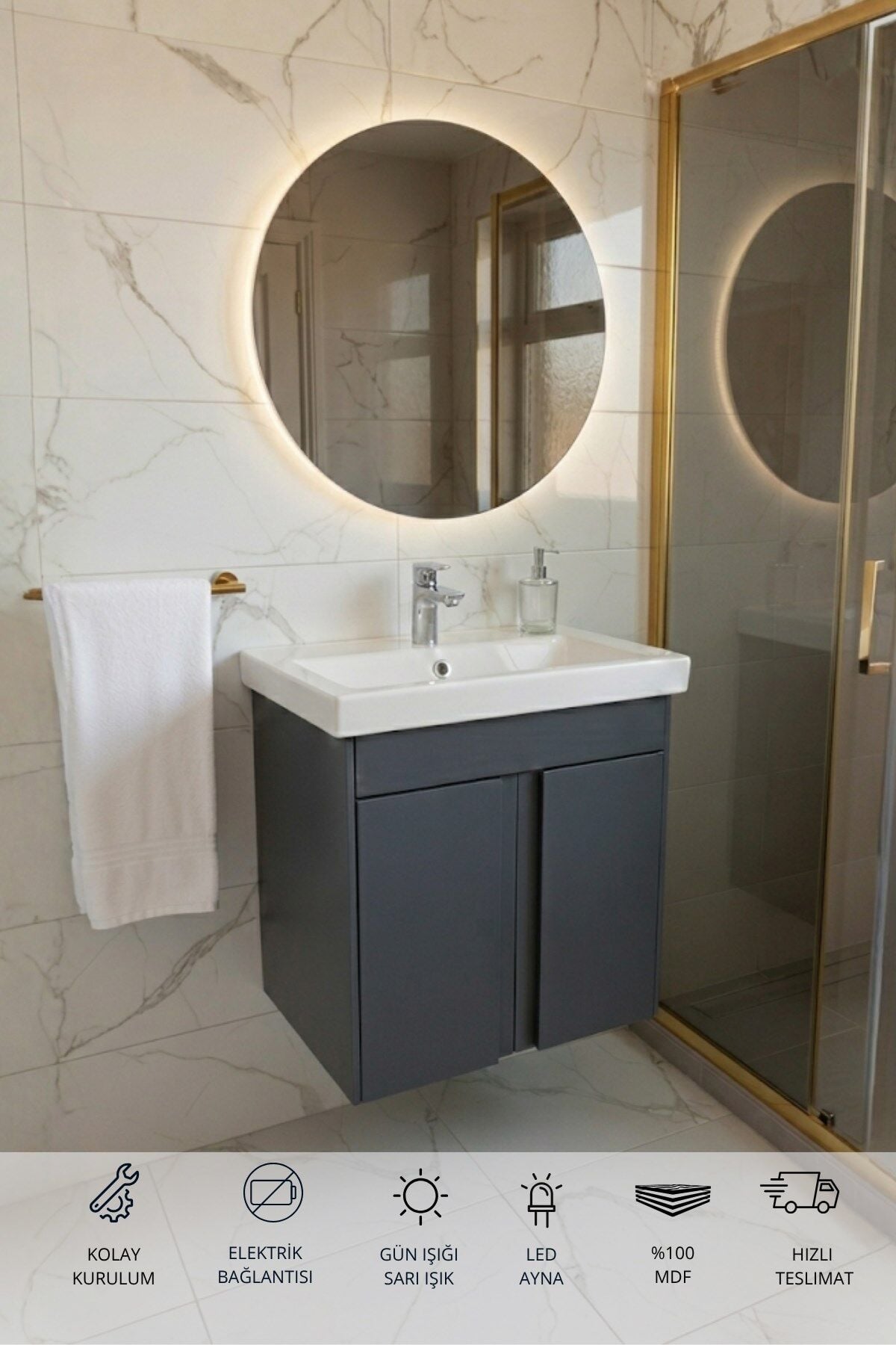 Magma Antrasit 50 Cm, Led Aynalı, Banyo Dolabı Seti, Seramik Lavabo Dahil, Mdf, Led'li