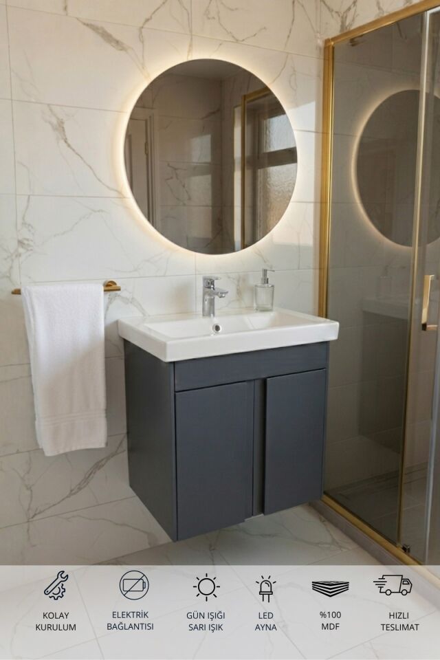 Magma Antrasit 50 Cm, Led Aynalı, Banyo Dolabı Seti, Seramik Lavabo Dahil, Mdf, Led'li