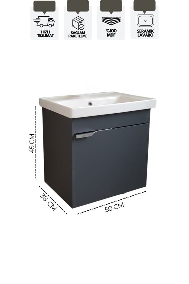 Kasırga Antrasit 50 Cm, Led Aynalı, Banyo Dolabı Seti, Seramik Lavabo Dahil, Mdf, Led'li