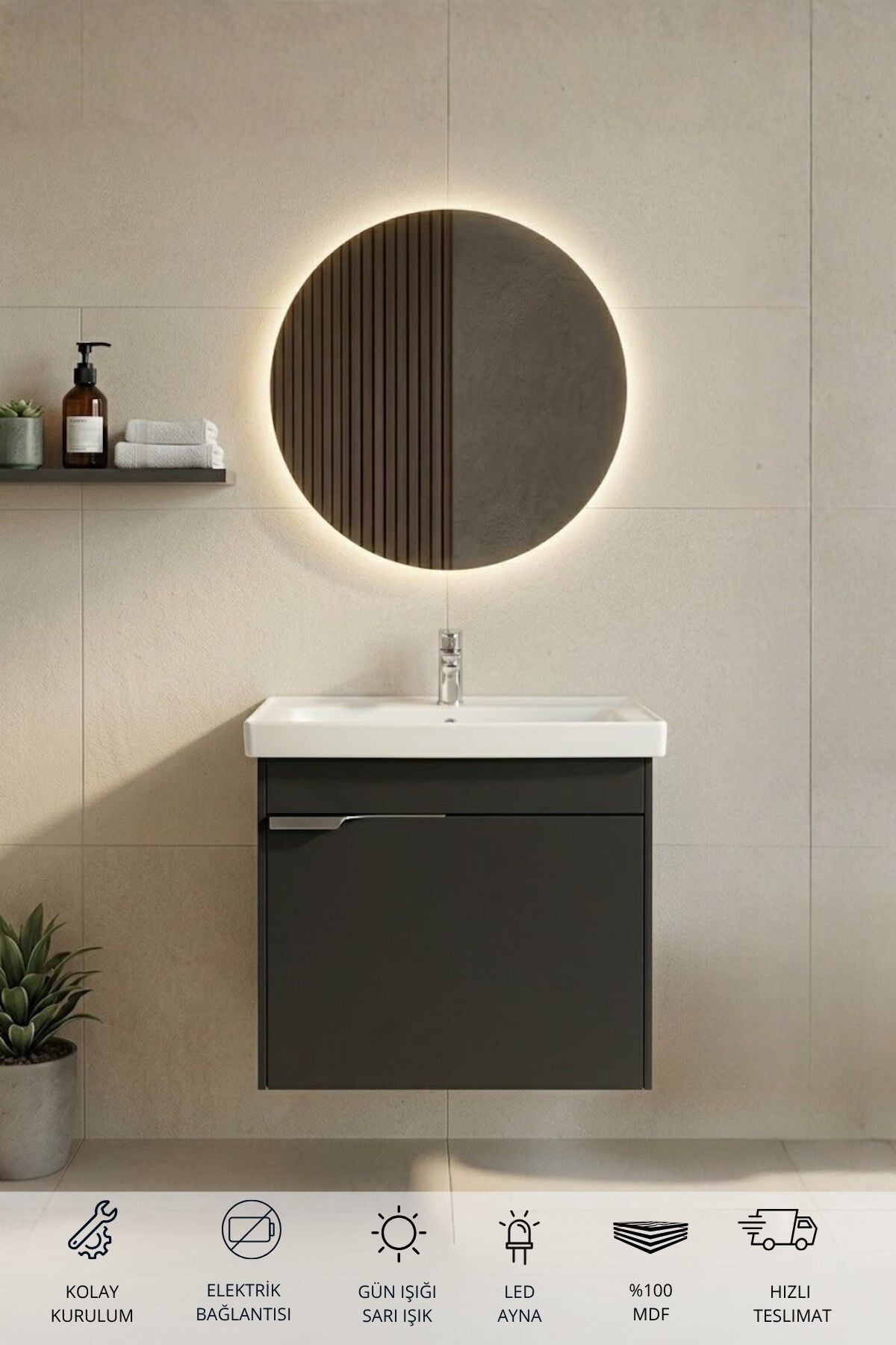Kasırga Antrasit 50 Cm, Led Aynalı, Banyo Dolabı Seti, Seramik Lavabo Dahil, Mdf, Led'li