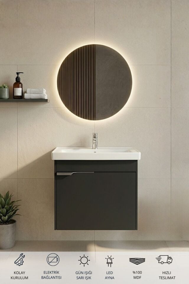 Kasırga Antrasit 50 Cm, Led Aynalı, Banyo Dolabı Seti, Seramik Lavabo Dahil, Mdf, Led'li