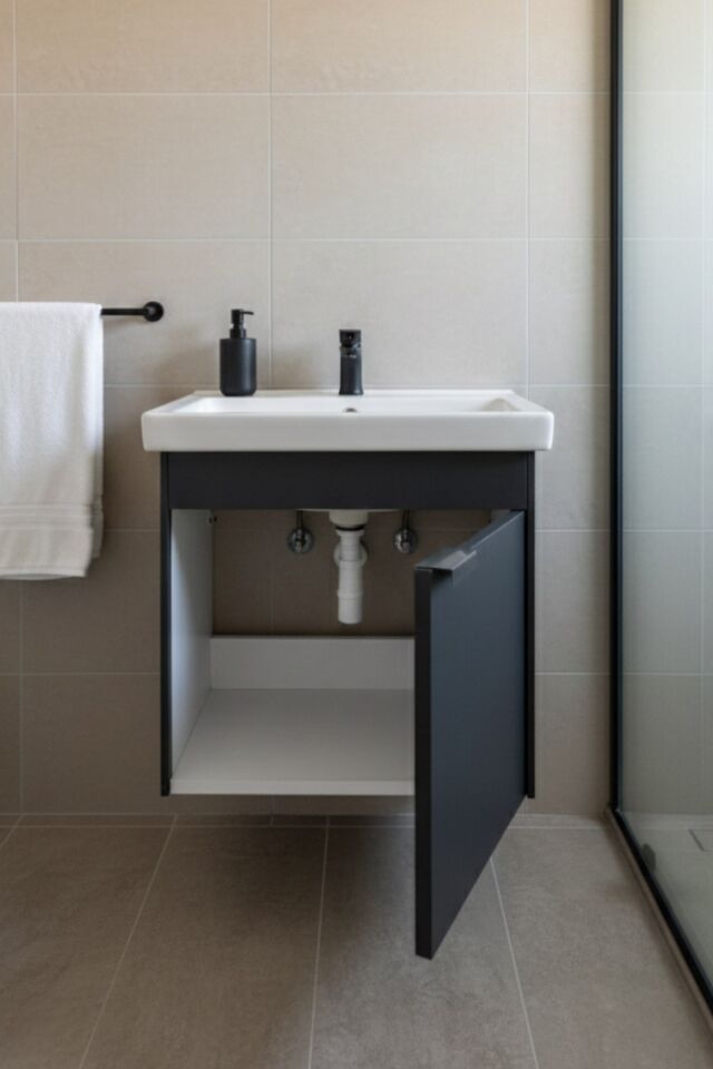 Kasırga Antrasit 50 Cm, Led Aynalı, Banyo Dolabı Seti, Seramik Lavabo Dahil, Mdf, Led'li